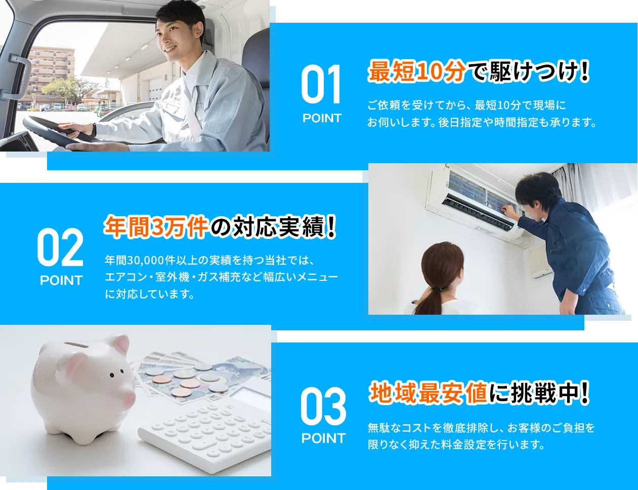 ①最短10分で駆けつけ！ ②年間3万件の対応実績！ ③地域最安値に挑戦中！
